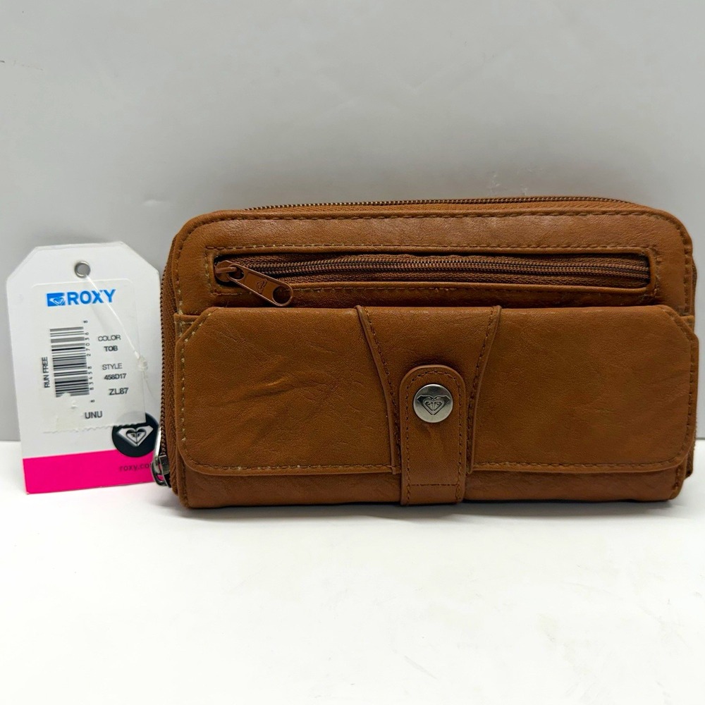 ROXY Women's Brown Solid Zip-Around Wallet 458D17 Zipper Accent Credit Card